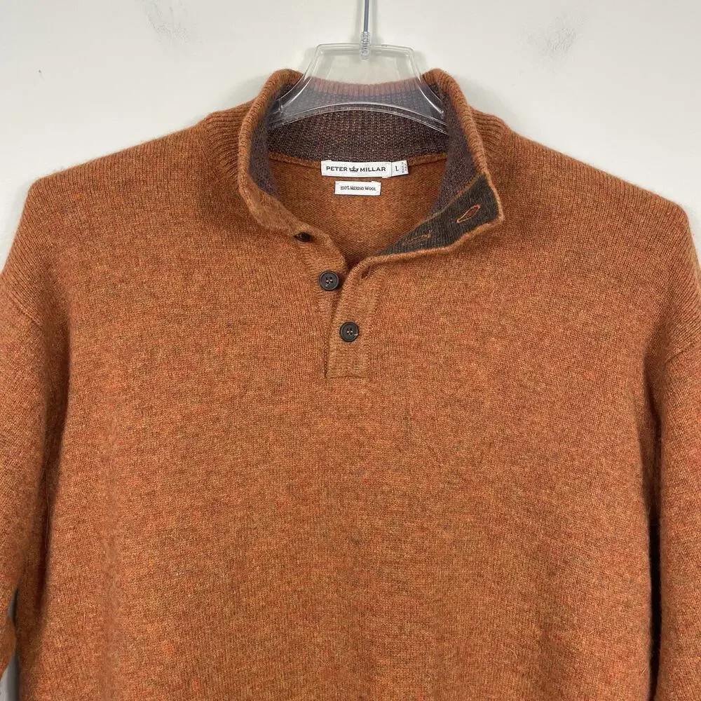 Peter Millar 100% Merino Wool Sweater Men's L Burnt Orange 1/4 Button Italy Made